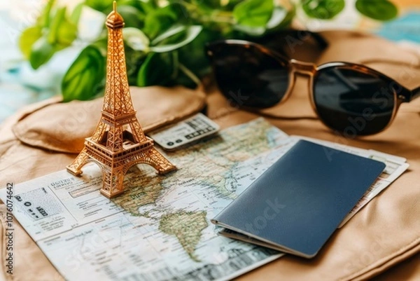 Fototapeta Travel Essentials with Miniature Eiffel Tower