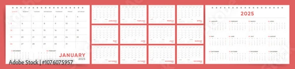 Obraz Minimalist 2025 calendar template with monthly and yearly views, simple and clean design calendar  vector, planner for 2025 year.