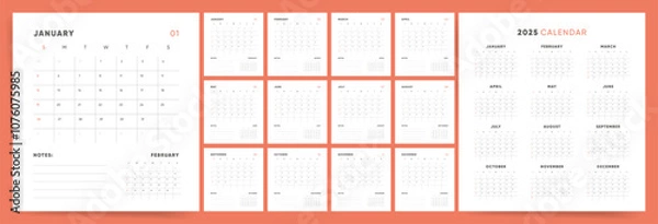 Obraz Calendar 2025. Week starts Sunday. Minimal modern design monthly template calendar 2025 vector.	