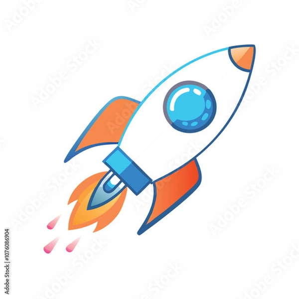 Fototapeta Colorful rocket icon launching with flames, Vector illustration of a rocket launching with a fiery trail, symbolizing space exploration, startups, and innovation.