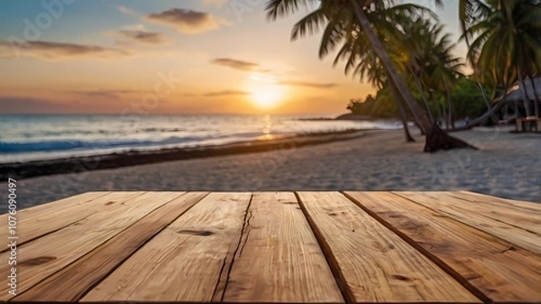 Fototapeta Empty wooden table on blur background of beautiful beach for mockup summer product display or travel ad. Picnic table with customizable space on table-top for editing.