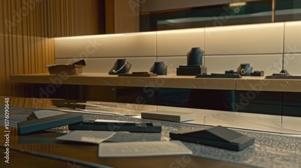 Fototapeta A luxurious jewelry store display reveals missing pieces highlighted by dim lighting, capturing attention with its minimalist design and atmosphere