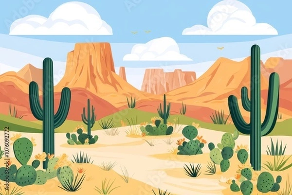 Fototapeta A scenic desert landscape with tall saguaro cacti, prickly pear cactus, and mountains in the background under a bright blue sky with fluffy white clouds.