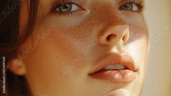 Obraz A close-up of a girl applying contour to her cheeks, neutral background for a clean look, soft shadows adding depth, hd quality, realistic skin tone, professional studio shot,