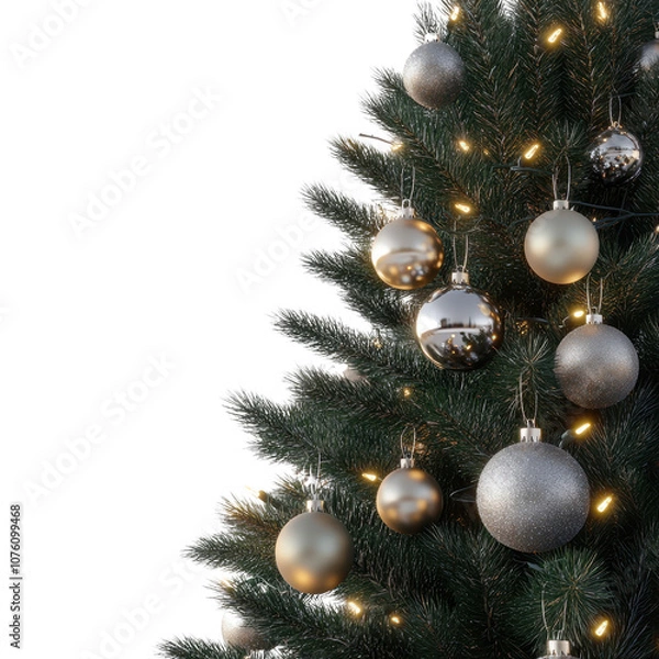Fototapeta Decorated Christmas tree with ornaments, balls, and a star, featuring a festive holiday atmosphere in winter with a green pine tree, gold and red decorations, celebrating the season