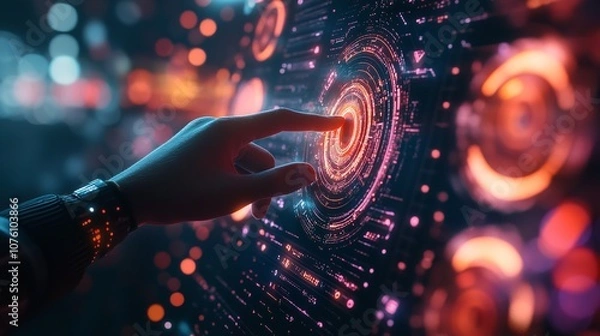 Obraz Technology Abstract Background with Person Hand Touching