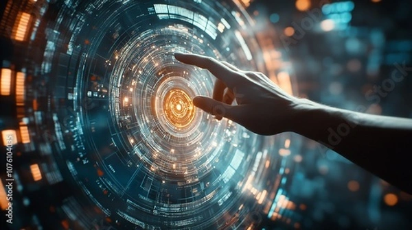 Obraz Technology Abstract Background with Person Hand Touching