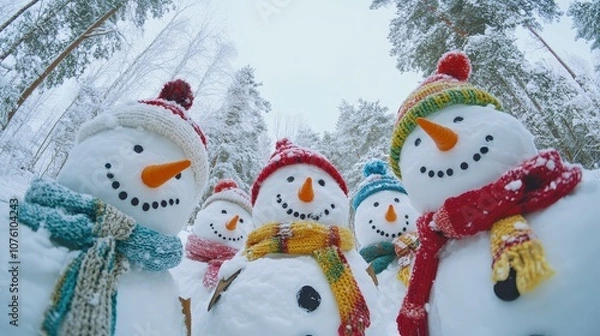 Obraz A group of snowmen wearing colorful scarves and hats, their faces smiling up at the camera, set against a backdrop of snowy trees.