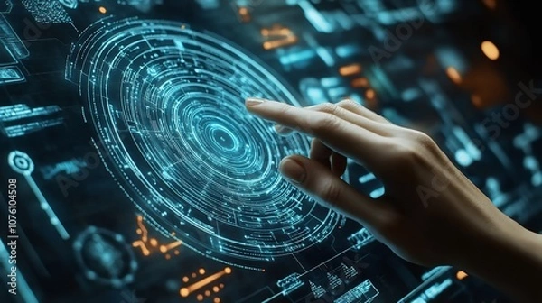 Obraz Technology Abstract Background with Person Hand Touching