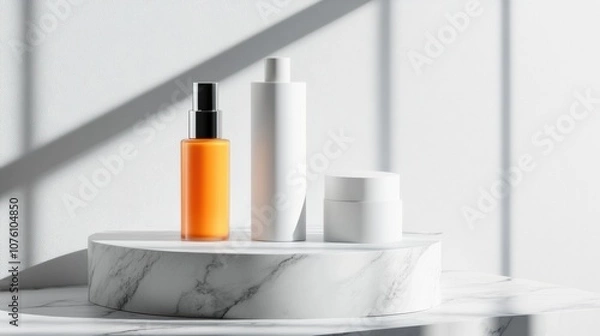 Fototapeta Minimalist skincare products on a marble platform in soft natural light, AI