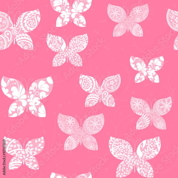 Fototapeta Seamless background with pink butterflies decorated with white patterns