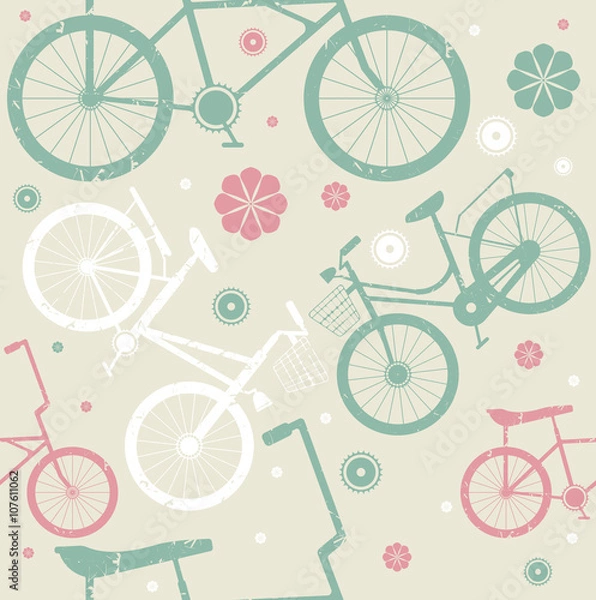 Obraz Seamless pattern with retro bicycles and flowers