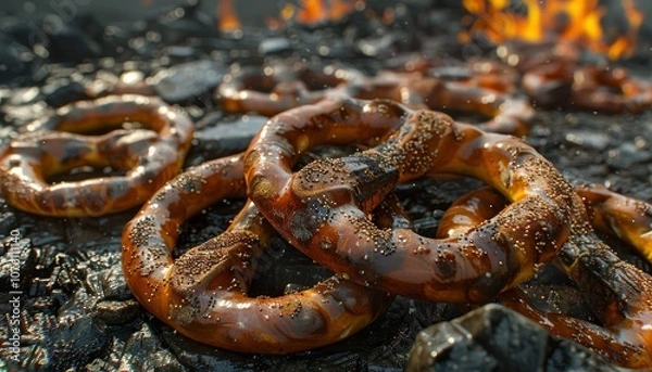 Fototapeta Close up of soft pretzels baking over hot coals with flames in background.