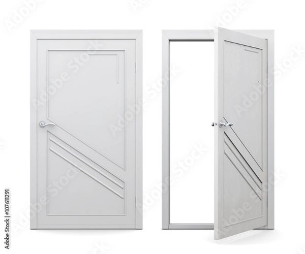 Obraz Open and closed white door isolated on white background. 3d rendering.