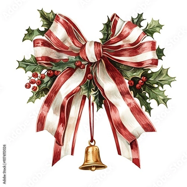 Fototapeta Celebrate the holidays with a beautiful red and white christmas bow adorned with holly and a bell