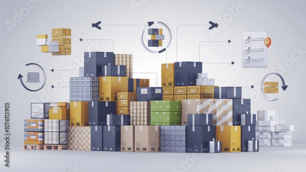 Fototapeta Efficient warehouse with stacked boxes and inventory management icons