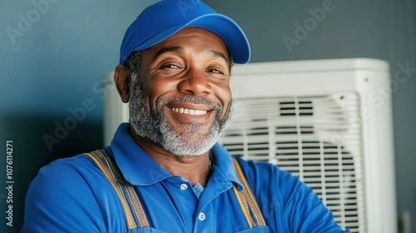 Fototapeta A Smiling Technician in a Blue Uniform Stands Confidently Beside an Air Conditioning Unit, Showcasing Expertise and Friendliness in a Modern Indoor Environment