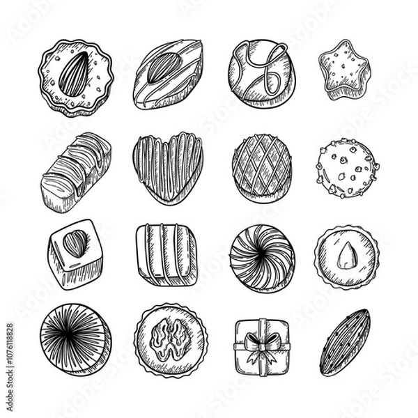 Obraz Chocolate candies vector set isolated on white background. Black and white sketched style. 