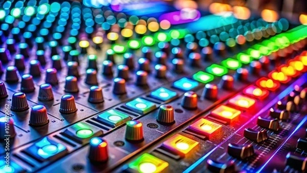 Fototapeta A close-up of an audio mixer with sliders and dials, each glowing with colorful lights representing different podcast music channels
