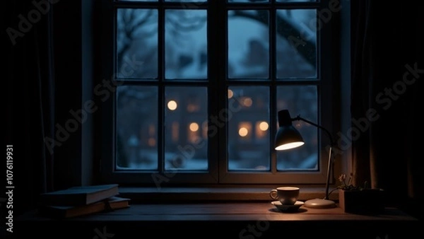 Fototapeta window with dark glass panels, looking out on the night scene of lights and winter.