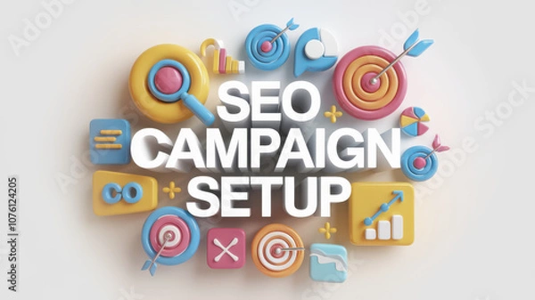 Fototapeta SEO campaign setup with colorful icons and targets for digital marketing