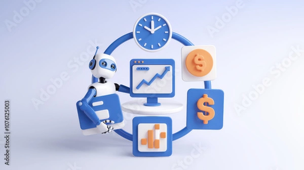 Fototapeta Automated robot with financial icons and clock, representing efficiency