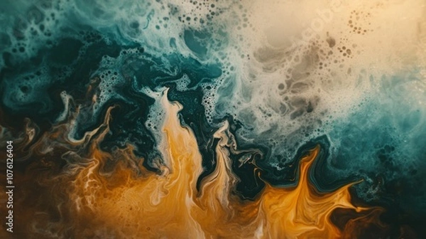 Fototapeta A wide-angle shot of a liquid canvas where acrylic paints are being poured and mixed, AI Generative.