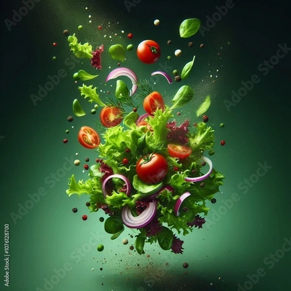 Fototapeta A vibrant salad with lettuce, tomatoes, onions, and herbs, flying through the air, a colorful and dynamic image.