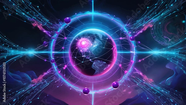 Fototapeta A vibrant, futuristic illustration showcasing a global network of interconnected nodes and lines, pulsing with neon blue and purple hues, set against a dark, starry night sky, with subtle, swirling pa