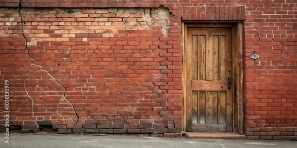 Fototapeta Stained red brick wall behind a wooden door, aged doorway, classic architecture, stone and wood combination, rustic entrance