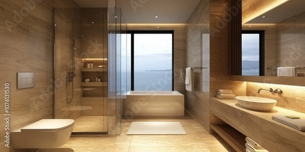 Fototapeta A sleek, modern bathroom featuring elegant stone finishes, a large window with a view, and stylish fixtures for a luxurious feel.
