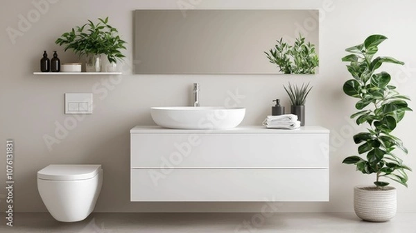 Fototapeta A modern bathroom featuring a sleek vanity, round basin, mirror, and decorative plants, promoting a minimalist and stylish atmosphere.