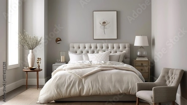 Fototapeta A sophisticated gray bedroom with a tufted headboard and metallic accents.