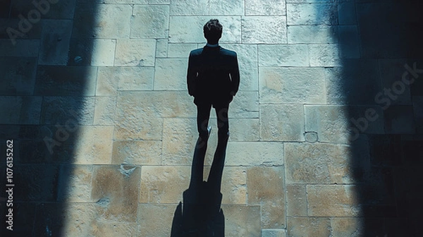 Fototapeta Business man standing on a stone floor with long shadow - motivation and empowerment concept