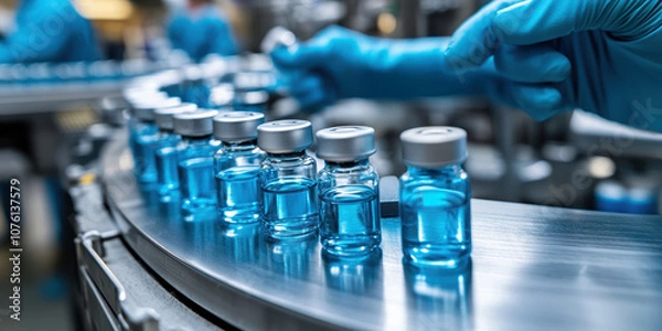 Fototapeta pharmaceutical production line, workers in lab coats and masks . AI generative.