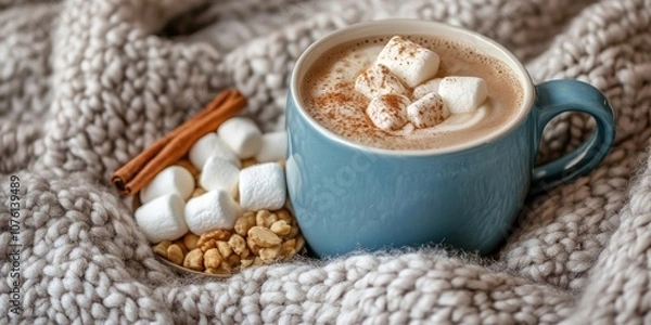 Obraz A white mug filled with hot coffee, alongside a blue ceramic cup containing marshmallows, cinnamon, viburnum, nuts, and tea, all set on a cozy knitted blanket--winter morning vibes.