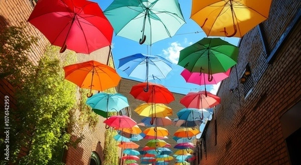 Obraz A colorful display of umbrellas hang above an alleyway, creating a vibrant and whimsical atmosphere.