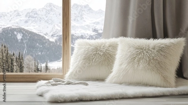 Fototapeta Cozy photo scene with fluffy pillows and shiny soft fur on blank mock ups by windows, creating a warm and inviting atmosphere perfect for relaxation and comfort.
