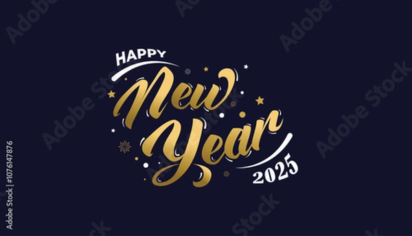 Obraz Happy New Year 2025 with typography style. Used for greeting cards with a blue background.