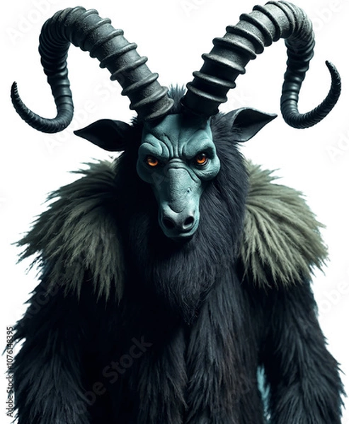 Obraz A dark and menacing portrayal of Krampus, depicted as a demonic figure with twisted horns, glowing red eyes, and shaggy black fur. This devilish creature exudes a sinister presence on a transparent.