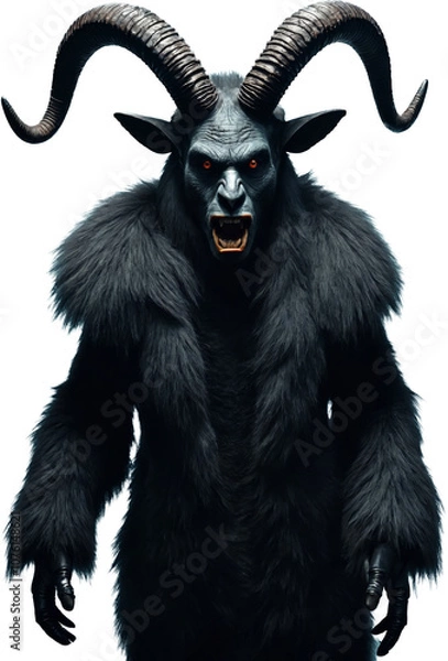 Obraz A dark and menacing portrayal of Krampus, depicted as a demonic figure with twisted horns, glowing red eyes, and shaggy black fur. This devilish creature exudes a sinister presence on a transparent.