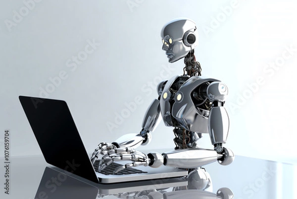 Fototapeta Silver Robot Working on Laptop in Futuristic Setting