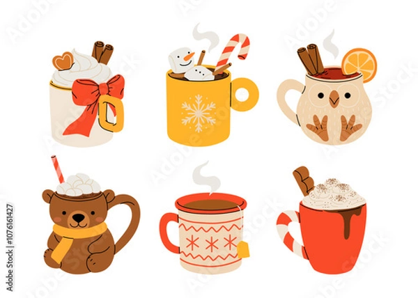 Fototapeta Christmas chocolate and eggnog drinks, winter holiday hot cups, vector icons. Christmas eggnog or milk punch beverages in cups and mugs, hot chocolate drinks for New Year and Xmas greeting card