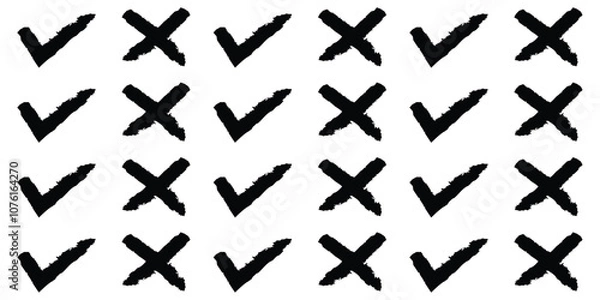 Fototapeta Check marks doodle set. Checkbox, checklist, tick and cross signs, v and x in sketch style. Hand drawn vector illustration isolated on white background