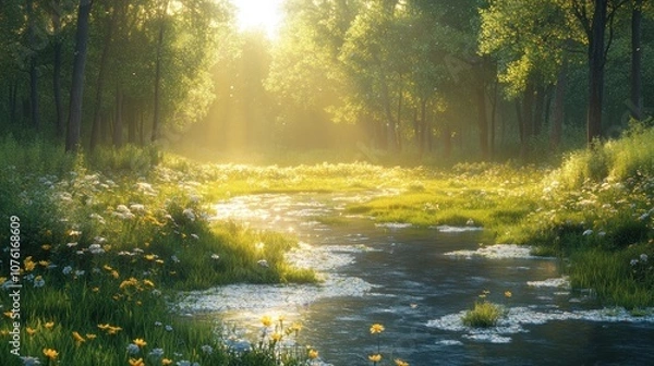 Fototapeta Serene forest scene with a gentle stream and sunlight filtering through.