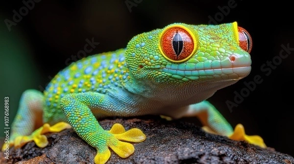 Fototapeta A vibrant, colorful gecko perched on a rock, showcasing its features.