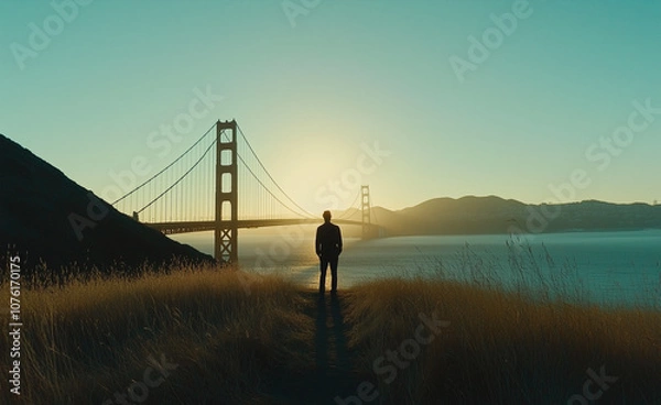 Fototapeta Rear view of a man looking at the bridge and the morning sun generated by AI