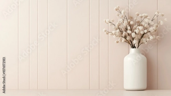 Obraz Elegant white vase with dried flowers against soft pastel background in minimalist interior design
