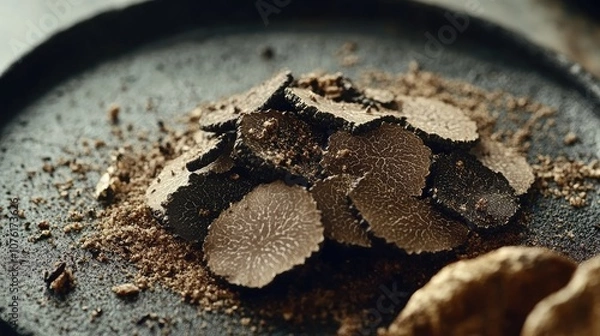 Fototapeta Close-up image of finely chopped truffles, complemented by truffle-based products, inviting you to experience the luxury of truffles in every delectable dish. Photo style with ample copy space.