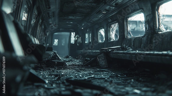 Fototapeta Train car interior in ruins with shattered windows and debris, symbolizing the aftermath of a bombing, focusing on the destruction with a shallow depth of field.